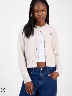 Beige Crewneck Button-Front Women's Cardigan Sweater